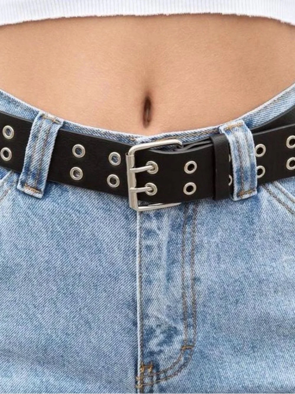 Brandy Melville Black Double-Prong Grommet Belt with Silver Hardware